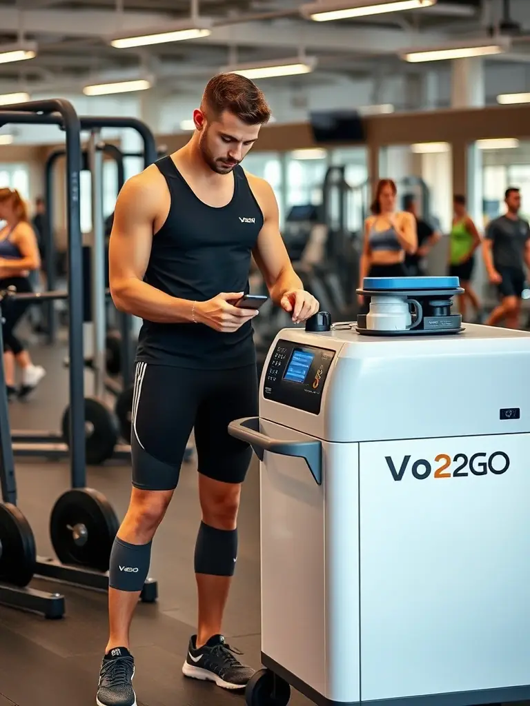 A consultant from Vo2GO setting up the metabolic cart and gas analyzer in a gym setting, preparing for a VO₂ max test.
