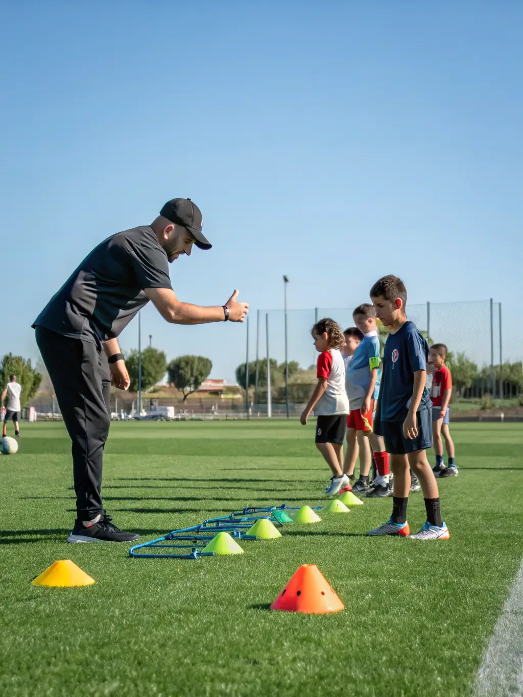 A dynamic image of a sports team during a training session, with athletes performing drills and coaches observing, emphasizing teamwork and athletic performance.