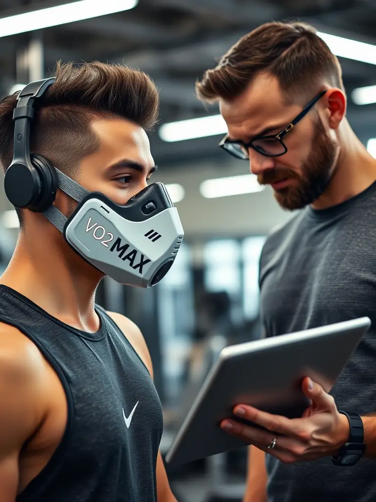 An athlete reviewing their VO₂ max results on a tablet with a Vo2GO consultant, discussing training strategies.